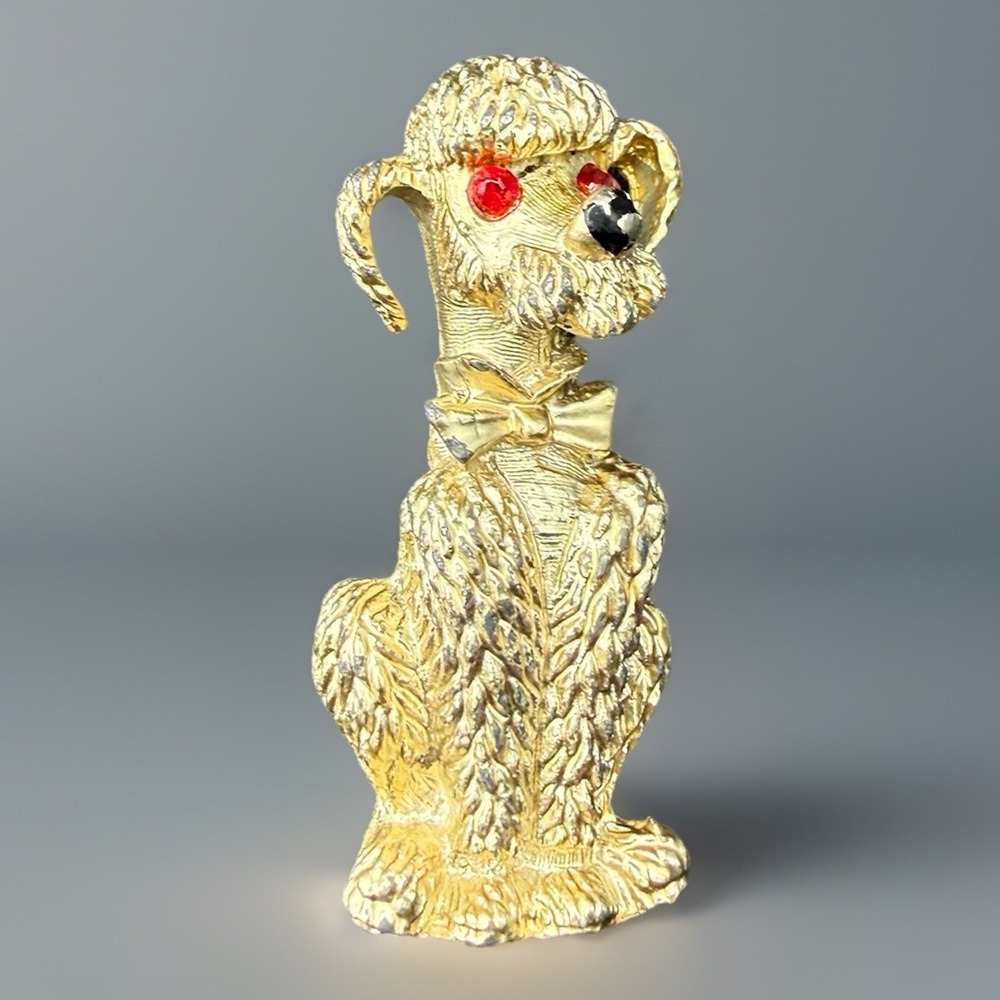 Vintage Poodle Dog Brooch Textured Gold Tone Bow Tie Red Eyes Pin